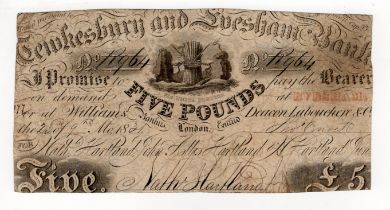 Tewkesbury and Evesham Bank 5 Pounds dated 1831, serial No. R964 for Nath. Hartland, John Allis