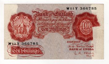ERROR O'Brien 10 Shillings issued 1955, missing print bottom right, serial W11Y 366785 (B271,