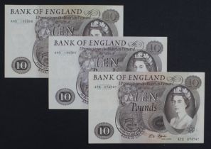 Fforde 10 Pounds (B316) issued 1967 (3), a consecutively numbered pair plus one other, serial A85