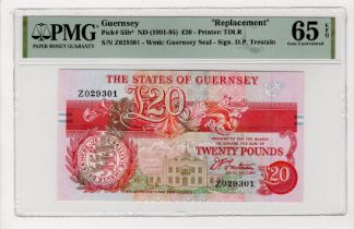 Guernsey 20 Pounds issued 1991 - 1995, orange/red signature D.P. Trestain, REPLACEMENT note 'Z'