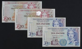 Guernsey (4), two pairs of consecutively numbered MATCHING very LOW serial numbers, 20 Pounds signed