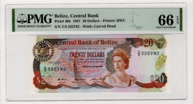 Belize 20 Dollars dated 1st January 1987, Queen Elizabeth II portrait at right, serial T/8 235782 (