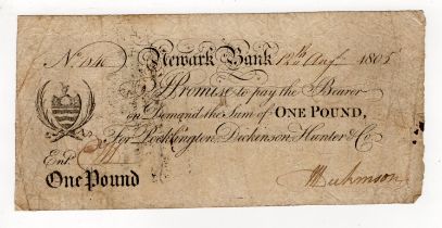 Newark Bank 1 Pound dated 1805, serial No. 1840 for Pocklington, Dickinson, Hunter and Company (