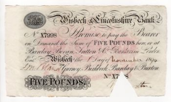 Wisbech & Lincolnshire Bank 5 Pounds dated 1st November 1894 for Gurney, Birkbeck, Barclay & Buxton,
