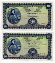 Ireland Republic 10 Pounds (2) dated 2nd May 1962 and 17th May 1962, Lady Lavery portrait at left,