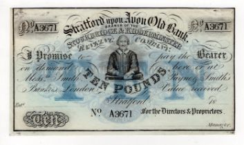 Stratford upon Avon Old Bank Stourbridge and Kidderminster Branch 10 Pounds unissued note, circa