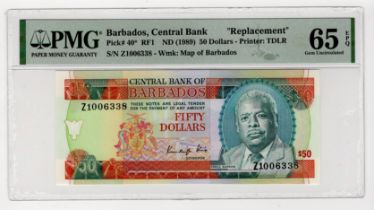 Barbados 50 Dollars issued 1989 signed K. King, REPLACEMENT note serial Z1 006338 (TBB B210az,