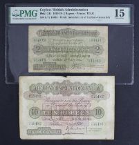 Ceylon (2), 10 Rupees dated 2nd October 1939, serial D/52 75482 (TBB B218j, Pick25c) staining around