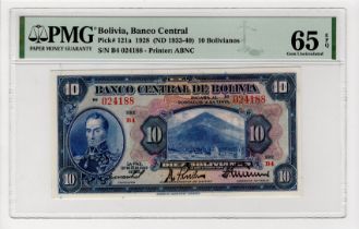 Bolivia 10 Bolivanos dated 1928, serial B4 024188 (TBB B309h, Pick121a) in PMG holder graded 65