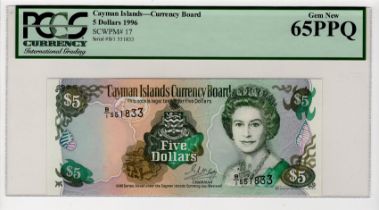 Cayman Islands 5 Dollars dated 1996, serial B/1 551833 (TBB B117a, Pick17) in PCGS holder graded