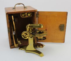 Gilt brass microscope by Harvey, Reynolds & Co. Leeds, contained in original case, case height