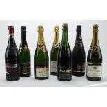 Champagne. A group of seven unopened bottles (mostly Champagne), including Mercier, Paul Letrier,