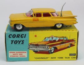 Corgi Toys, no. 221 'Chevrolet New York Taxi Cab' (missing sign on roof), contained in original box