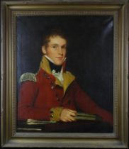 Military interest. Oil on canvas, depicting a portrait of a young gentleman wearing a Military tunic