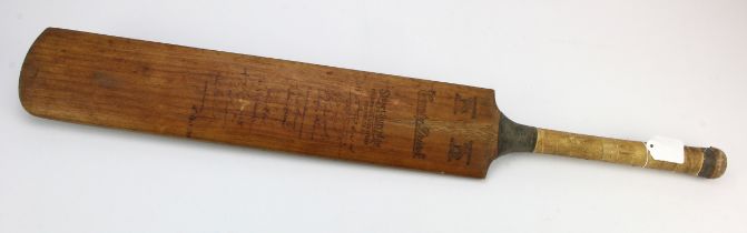 Autographed Cricket Bat made by Stuart Surridge & Co. Reverse of the bat handsigned by 13 members of