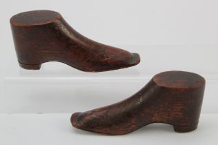 Two carved wooden shoes, circa 19th century, height, length 15.5cm, height 7cm approx.