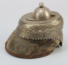 Hoof inkwell mounted with silver plated jockey hat, glass liner missing. height 11cm approx. (sold
