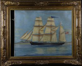 Picture depicting the John Cobbold ship with figures on board, contained in a gilt frame, image size