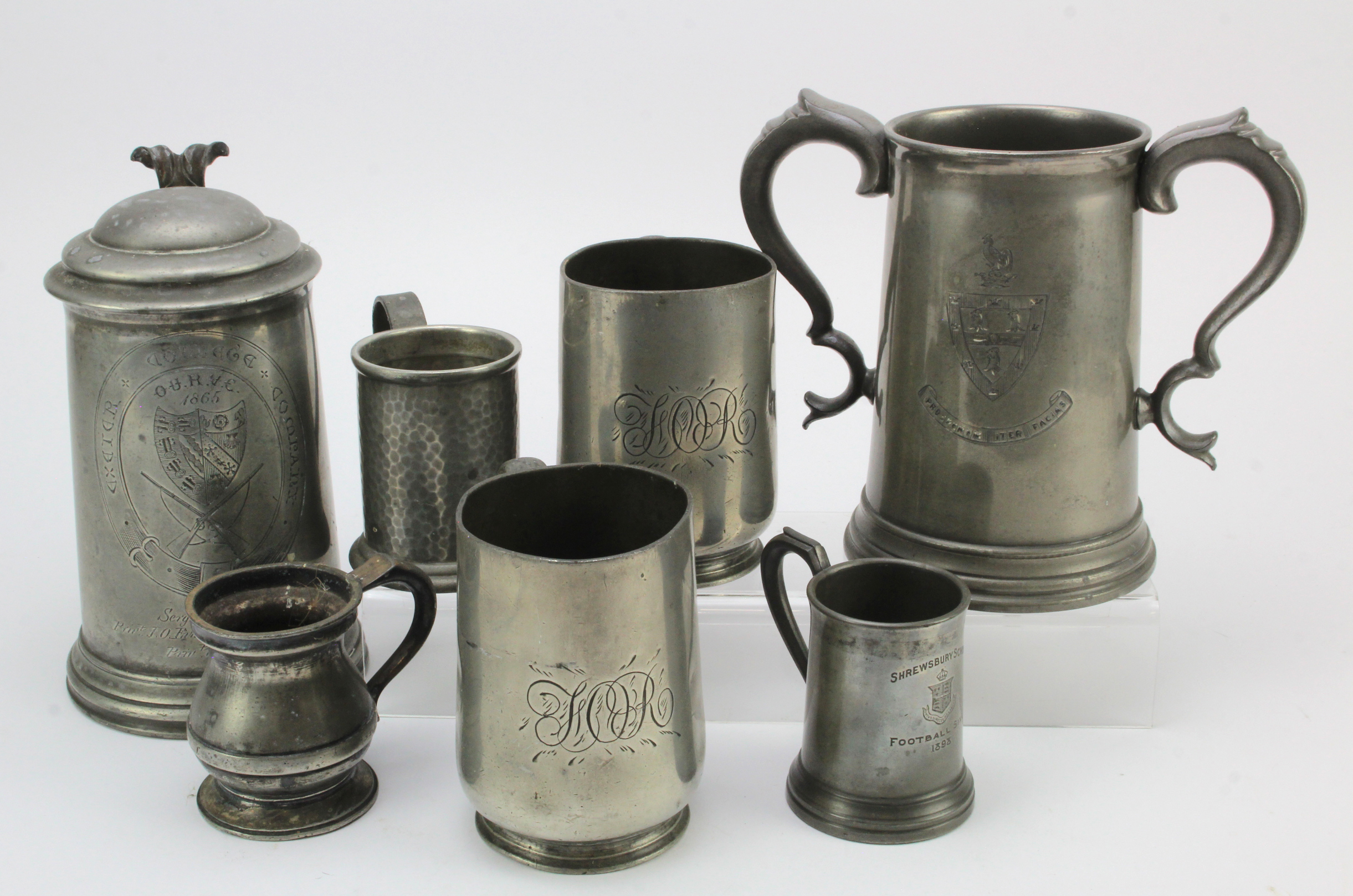 Pewter. A group of seven pewter tankards & cups, circa Victorian & later, including one for the '
