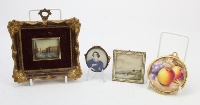 Miniatures. Four miniature pictures, including a memorial brooch depicting a portrait of a lady with