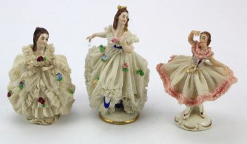 Dresden. Three German Dresden porcelain figures, makers marks o base of each, tallest 95mm approx.