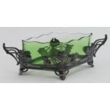 Pewter Art Deco WMF bon bon dish with diamond shaped green glass liner, makers stamps to base,