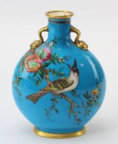 Minton moon flask. decorated with birds & flowers on a turquoise ground, with gilt detailing. Approx