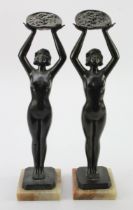 Limousin. Two bronze Art Nouveau figures of ladies holding baskets of flowers, each signed '