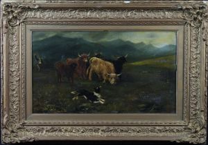 Farmer rounding up Highland cattle with sheepdog. Oil on board. Signed with monogram (TG / HG?)