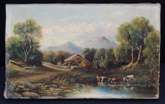 Circa 19th Century. Oil on canvas depicting cattle watering at a stream by a mountain path with