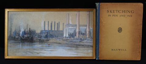 Maxwell, Donald (British 1877-1936) Watercolour and pastel illustration depiciting a dockyard scene.