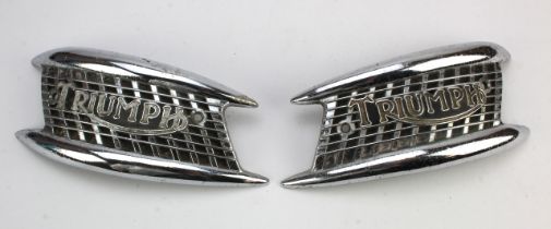 Triumph. Pair of chrome Triumph motorcycle fuel tank badges, stamped inside NS 4766 & OS 4767,