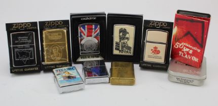 Zippo Lighters. A collection of ten various Zippo lighters, including King Edward VII, Liberation of