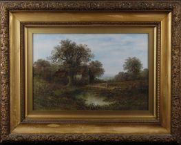 Mellins (19th to early 20th Century). Oil on canvas, depicting a farm building amongst trees with