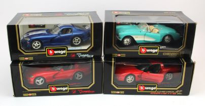 Burago. Four 1/18 scale boxed model cars, comprising Dodge Viper & Chevrolet Corvette