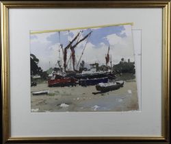 John Yardley (b. 1933). Watercolour, depicting boats on the shore, signed by artist to lower left