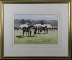 John Yardley (b. 1933). Watercolour, depicting horses being shown at a country fair, signed by