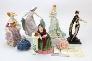 Figures. A group of seven varous female figures, by Irish Dresden, Royal Doulton, Franklin Mint,