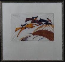 Andrews, Sybil (British/Canadian 1898-1992). Steeplechasing, Linocut circa 1930. Signed, numbered