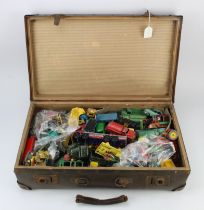 Diecast. A suitcase filled with playworn diecast models, including Dinky, Corgi, etc.