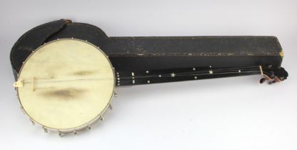 Banjo with engraved plaque to reverse 'John Alvey Turner, 33 Bishopsgate, London', total length 92cm