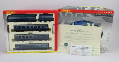 Hornby boxed OO gauge 'Coronation Scot train pack' (R2788), limited edition certificate present (