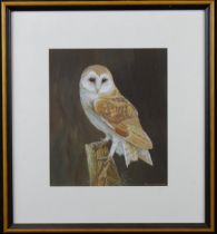 Cowdell, Andrew (British, contemporary). Gouache on paper titled, 'Barn Owl'. Signed lower right and