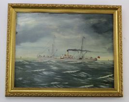 A J Jansen (1859-1935). Oil on board depicting a Dutch steamer boat (Brandon), circa 1897, signed by