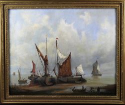 D. Lightfoot. Oil on board, depicting a shore scene with numerous boats, signed by artist to lower