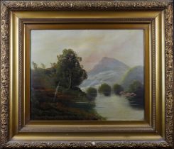 Oil on board, landscape depicting a river surrounded by trees and mountains, circa late 19th to