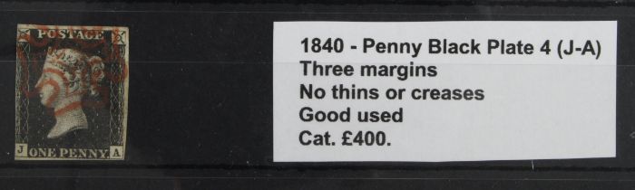 GB - 1840 Penny Black Plate 4 (J-A) three margins, no thins or creases, good used, cat £400