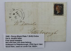 GB - 1840 Penny Black Plate 7 (N-B) Entire, var.b. double letter, four good margins, not well