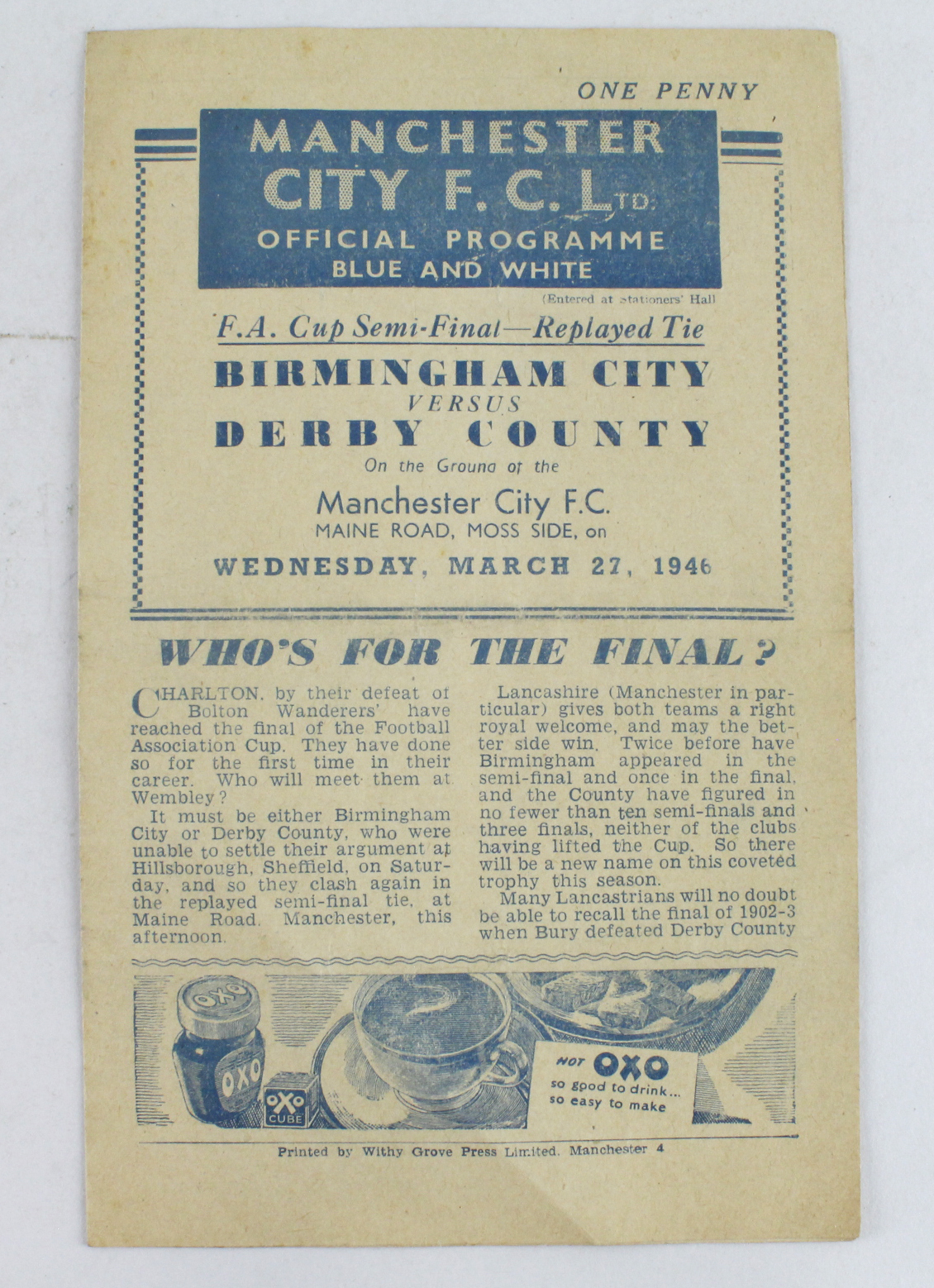 Football - Birmingham v Derby 27 March 1946 FA Cup Semi Final Replay at Manchester City