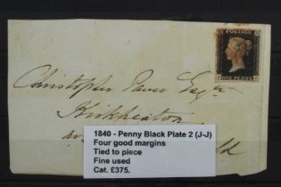 GB - 1840 Penny Black Plate 2 (J-J) four good margins, tied to piece, fine used, cat £375